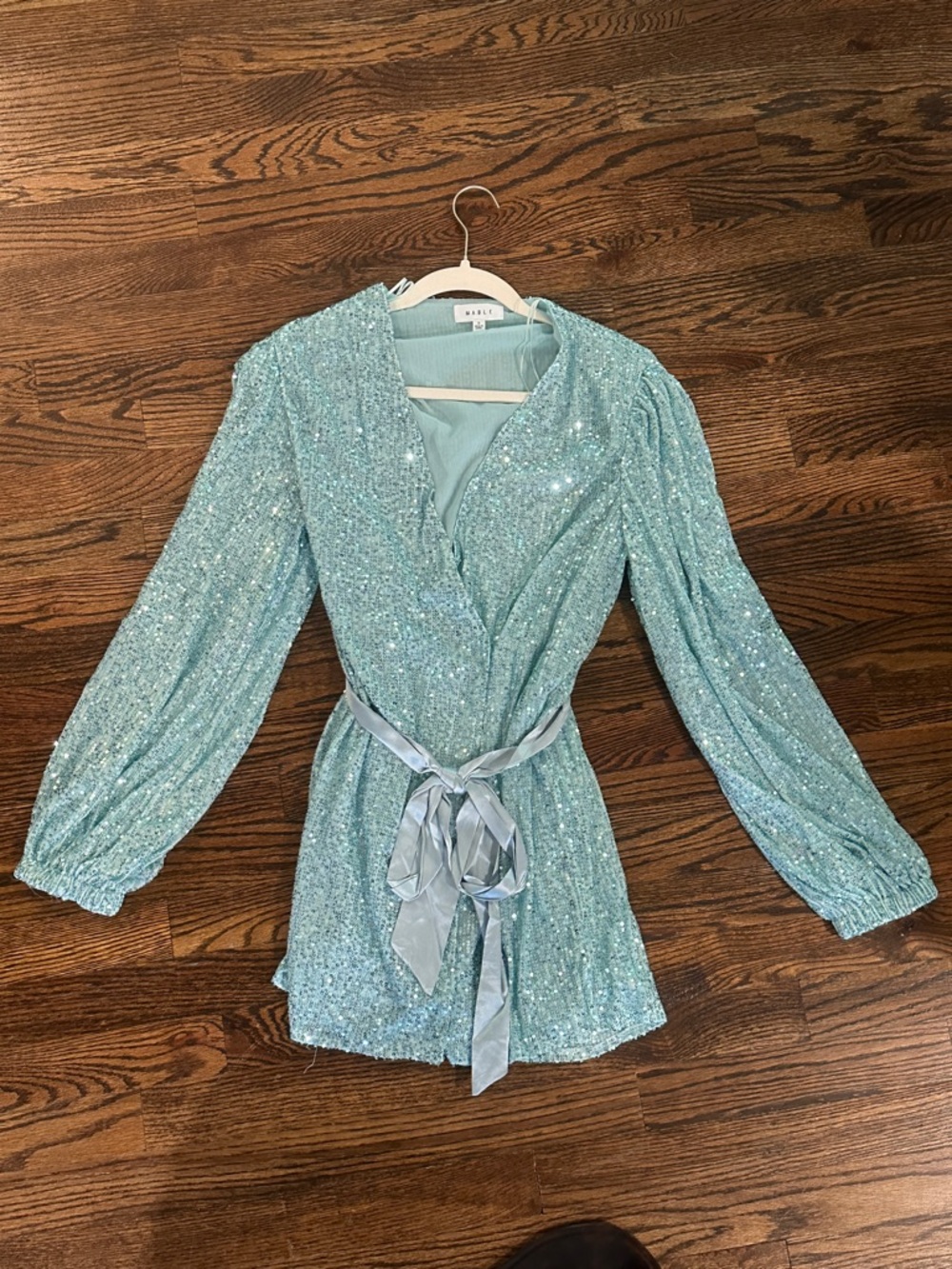 Mable Wrap Light Blue Sequin Mini Dress with Tie Waist